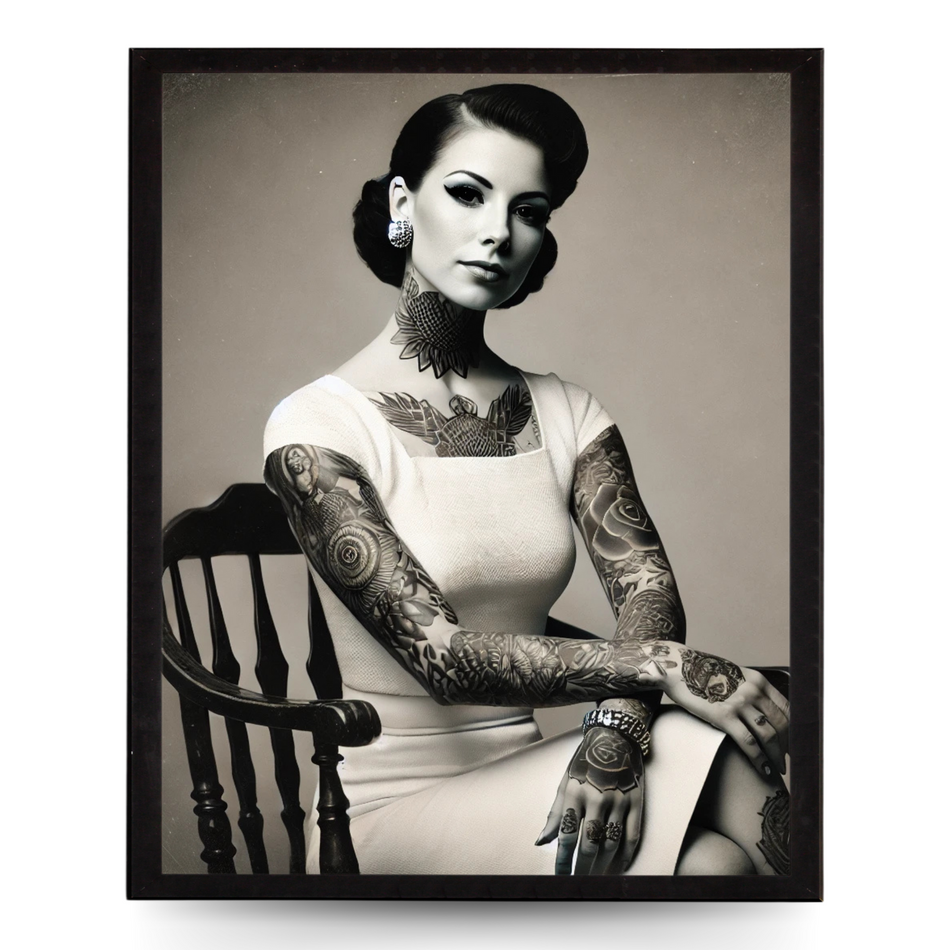 InkFlow Tattooed Woman Poster - Retro Tattoo Art Print, Black & White Photography Circus Art for Home Office or Living Room Wall Decor - 11x14 UNFRAMED Wall Art