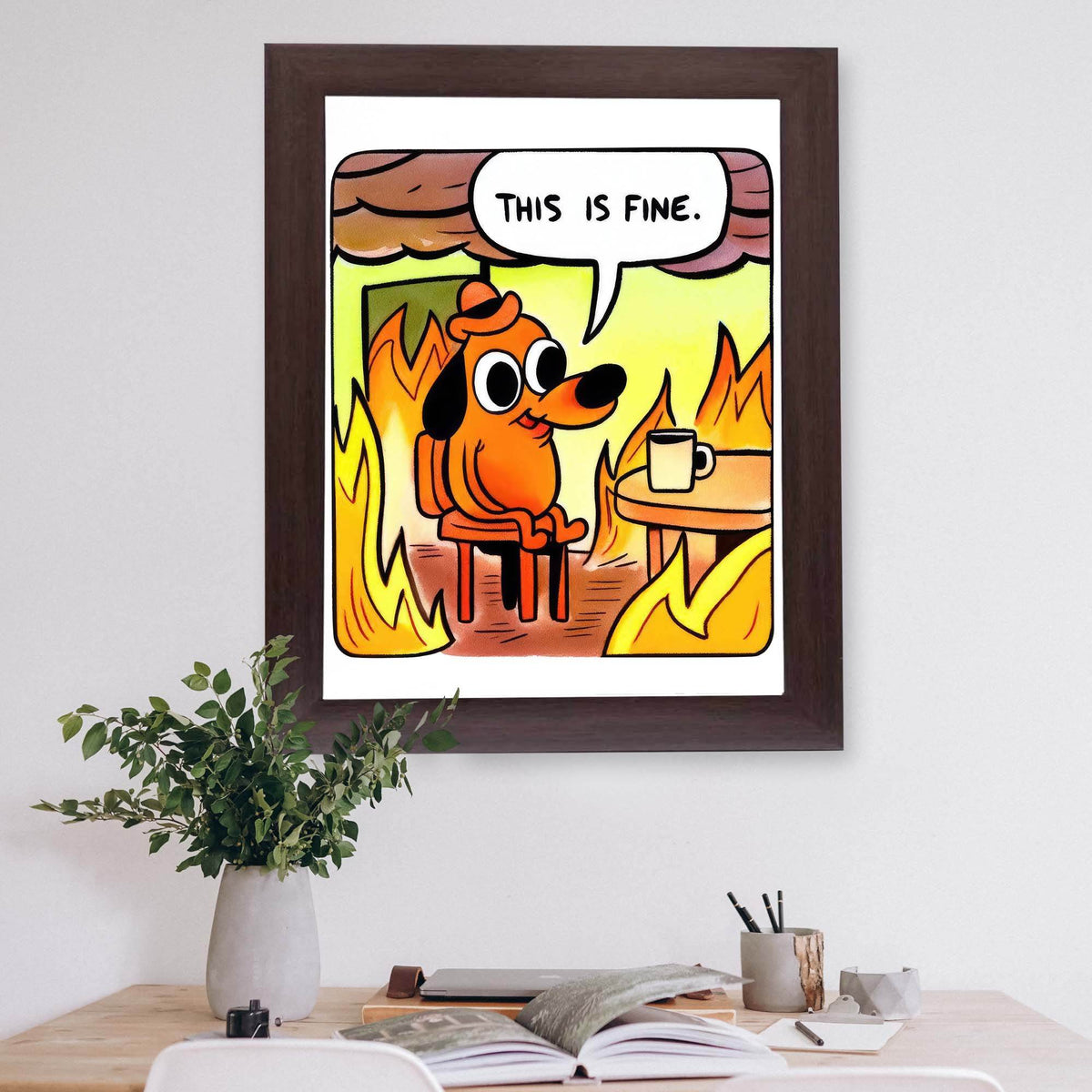 InkFlow This is Fine meme Poster - Funny and Relatable Wall Art Inspired by Popular Meme, Perfect for Home or Office Decor, Great Gift for Meme Lovers, Humorous Art - 8x10 Unframed Canvas Wall Art - Infinity Beyond Crafts