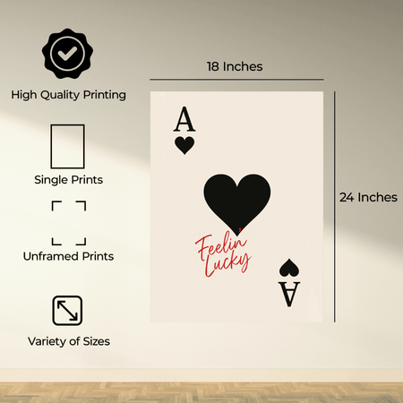 InkFlow Vintage 'Feeling Lucky' Heart Poker Wall Poster - Trendy Retro Poster for Room, Bedroom, Dorm, Hallway Decor - Classic Card Game Picture Print - 16x20 Unframed Wall Art - Infinity Beyond Crafts