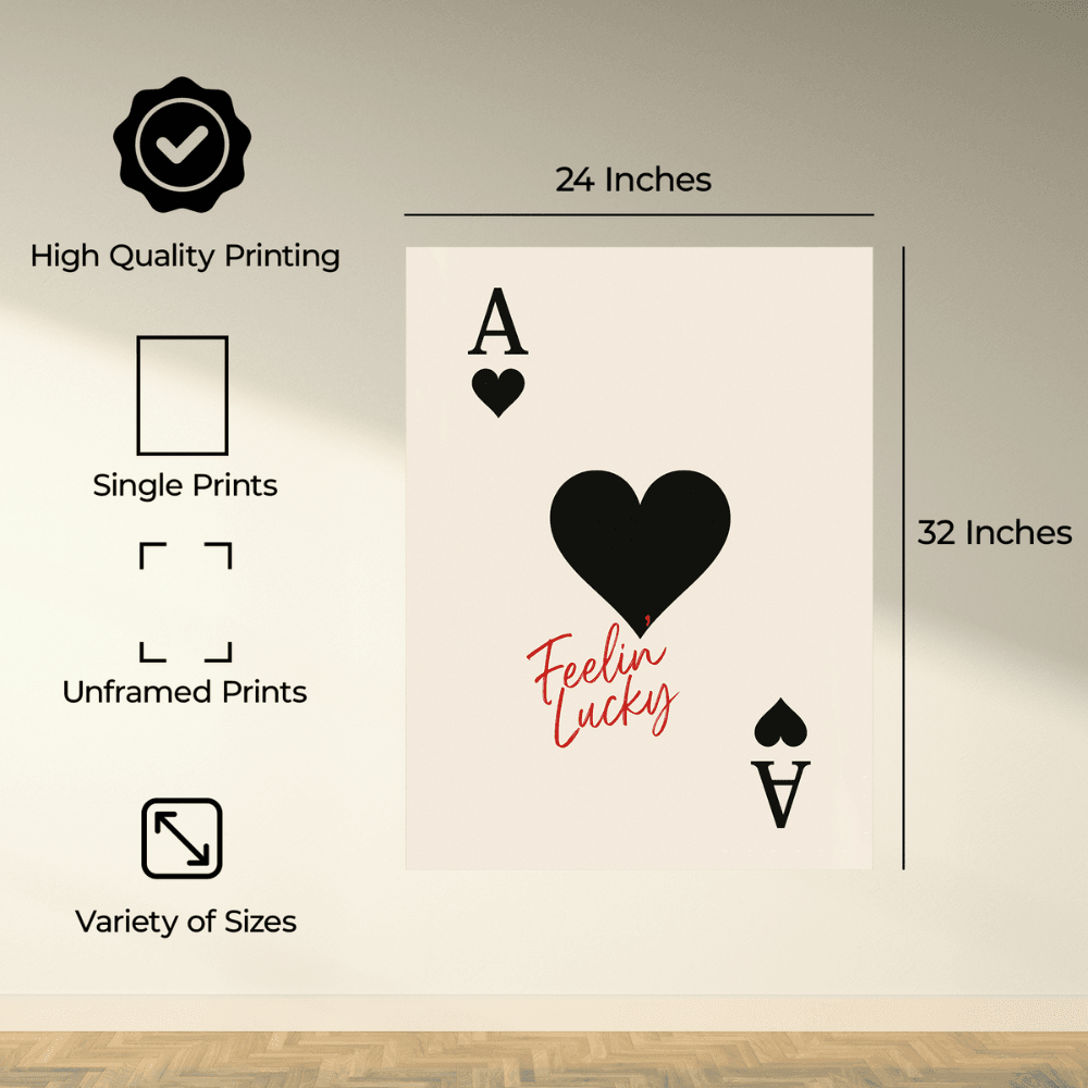 InkFlow Vintage 'Feeling Lucky' Heart Poker Wall Poster - Trendy Retro Poster for Room, Bedroom, Dorm, Hallway Decor - Classic Card Game Picture Print - 16x20 Unframed Wall Art - Infinity Beyond Crafts