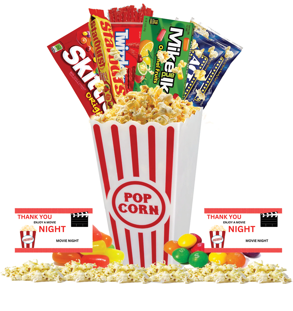 Movie Night Popcorn and Candy Gift Basket Plus 1 Movie Night Rentals