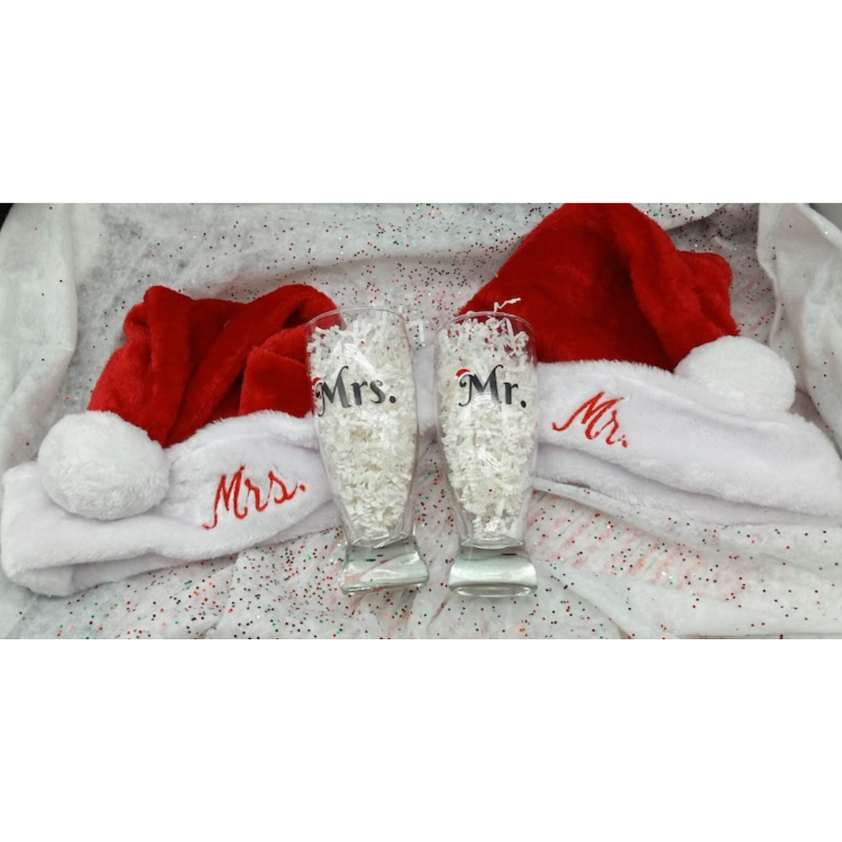 Santa Hat, Mr. And Mrs. Gift set, Glass and Santa hat set, Bride and Groom, couple, engagement, anniversary, holiday gift, embroidered hat